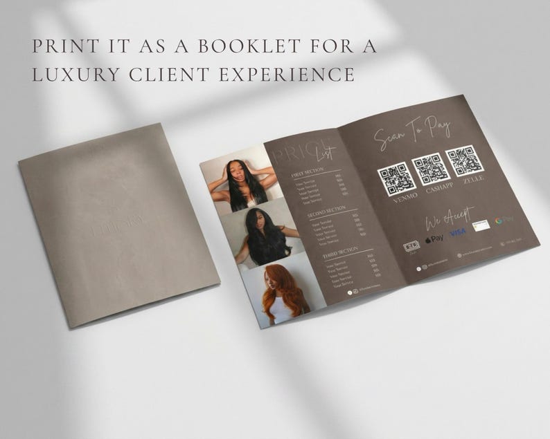 A warm neutral lifestyle flat lay showing the dark brown luxury price list template folded and displayed as a booklet alongside a woman with long dark hair representing how the luxury hair salon service menu can be used as a premium client booklet giving wig seller, extension brand, and esthetician a high end client experience tool
