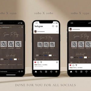 Three smartphone screens showing the dark brown luxury price list template displayed across multiple Instagram post formats and story sizes representing the done for you social media sizing included in the bundle giving hair salon owner, wig seller, and beauty professional every size they need to share their special deals service menu across all social platforms instantly