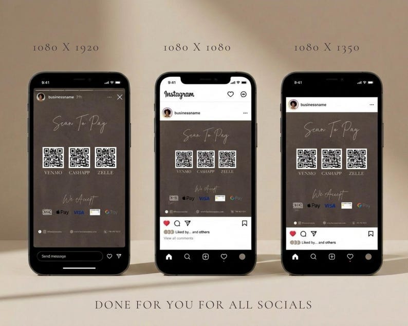 Three smartphone screens showing the dark brown luxury price list template displayed across multiple Instagram post formats and story sizes representing the done for you social media sizing included in the bundle giving hair salon owner, wig seller, and beauty professional every size they need to share their special deals service menu across all social platforms instantly