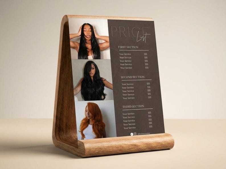 A warm neutral lifestyle product shot showing the dark brown luxury price list template displayed upright in a wooden tabletop stand on a desk surface representing how the luxury hair salon service menu looks as a premium physical display giving beauty professional, nail tech, lash tech, and esthetician an elegant in person pricing solution for their studio or salon suite