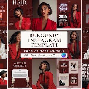 50 bordeauxrode Instagram-sjabloon haarverlenging luxe esthetische minimalistische social media bundel pruik post business marketing canva content kit