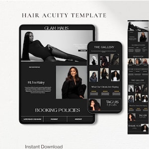 Pode incluir: Um modelo de site digital para serviços de cabeleireiro intitulado Hair Acuity Template, com um esquema de cores em preto e branco, fotografias de pessoas e seções rotuladas como Glam Haus, The Gallery, Booking Policies e Tag Us.