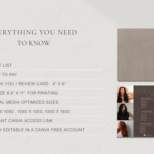 A clean cream informational slide listing the complete dark brown luxury price list bundle contents including price list size, review card size, media optimized sizes, print sizes, social media sizes, Canva access link, and confirmation that all templates are editable in a free Canva account for hair salon owner, wig seller, and beauty professional