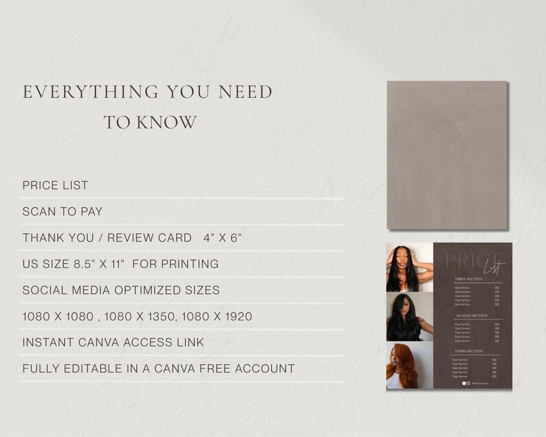 A clean cream informational slide listing the complete dark brown luxury price list bundle contents including price list size, review card size, media optimized sizes, print sizes, social media sizes, Canva access link, and confirmation that all templates are editable in a free Canva account for hair salon owner, wig seller, and beauty professional