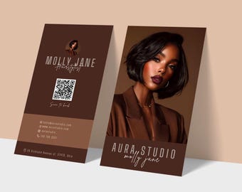 Beauty Business Card Template Personalized Hairstylist Brown Modern Salon Branding Tattoo Artist Hairdresser Boutique QR Code Marketing