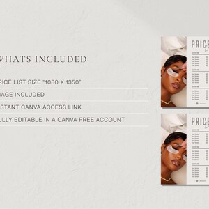Clean neutral slide listing bundle contents including price list size 4x11, Canva access link, and fully editable in a free Canva account; beige lash price list template service menu flyer