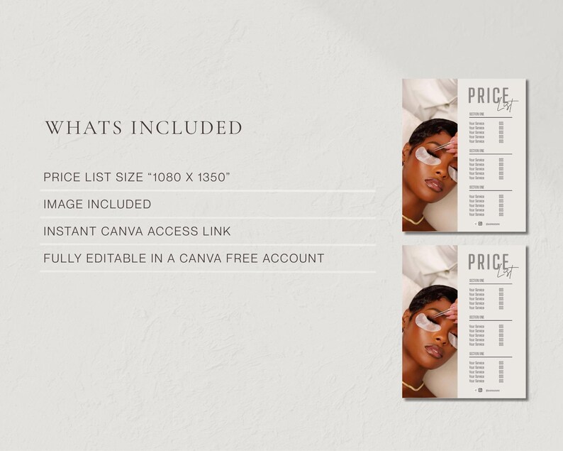 Clean neutral slide listing bundle contents including price list size 4x11, Canva access link, and fully editable in a free Canva account; beige lash price list template service menu flyer