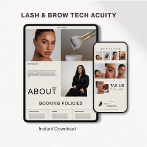 May include: A digital template for a lash and brow technician displayed on a tablet and smartphone screen. The layout features neutral beige tones, black text, and photographic sections labeled with headings including ABOUT, BOOKING POLICIES, and SERVICES.
