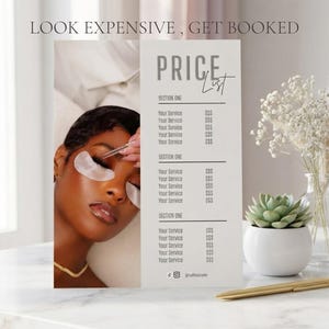 Lifestyle shot of the beige lash price list template displayed upright beside white florals and soft neutral tones with Look Expensive Get Booked overlay text;
