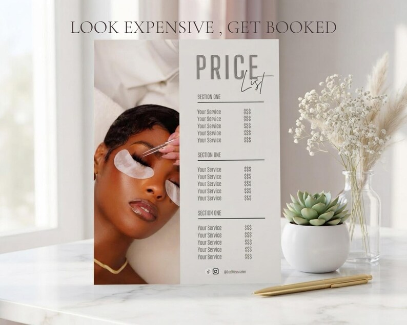 Lifestyle shot of the beige lash price list template displayed upright beside white florals and soft neutral tones with Look Expensive Get Booked overlay text;