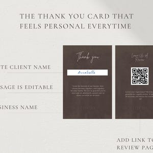 A  brown slide showing the front of a personalized luxury thank you card featuring client name, editable image, and business name fields with a review link and QR code panel visible representing the deeply personalized thank you card included in the luxury price list bundle for hair salon owner and beauty professional who want every client to feel individually valued