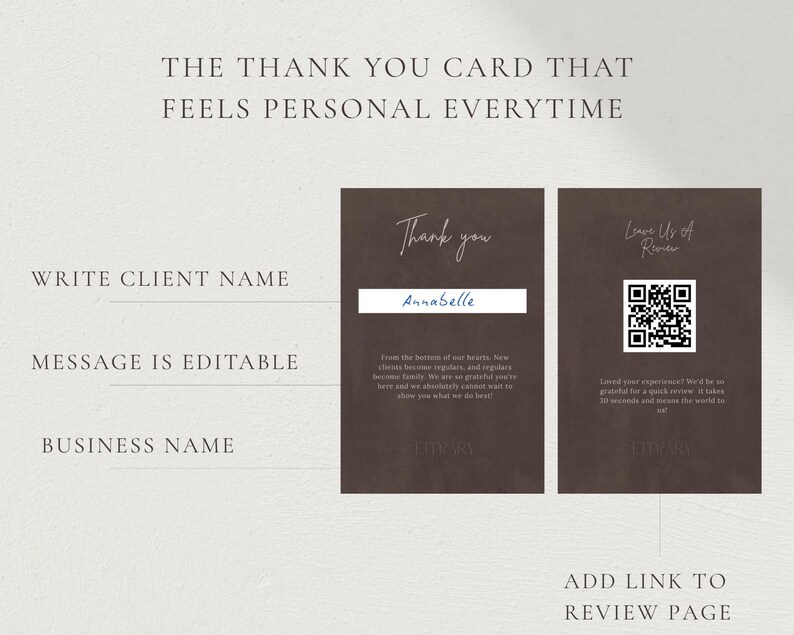 A  brown slide showing the front of a personalized luxury thank you card featuring client name, editable image, and business name fields with a review link and QR code panel visible representing the deeply personalized thank you card included in the luxury price list bundle for hair salon owner and beauty professional who want every client to feel individually valued