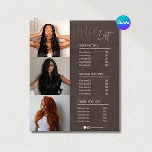 May include: A dark brown price list template featuring three vertical photo slots showing hair styles. The text includes PRICE LIST, FIRST SECTION, SECOND SECTION, THIRD SECTION, and placeholders for services with dollar signs and social media icons.