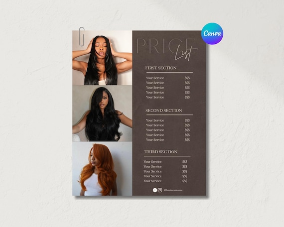 Luxury Price List Template Hair Salon Special Deal Service Menu Wig Braid Extension Nail Lash Esthetician Scan to Pay QR Code Printable