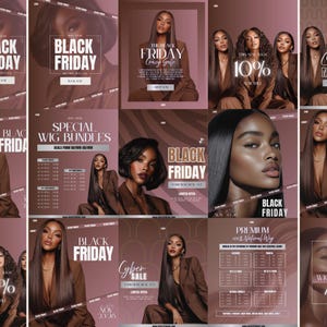 May include: A collection of promotional social media graphics featuring Black Friday wig sales. The images display models with various hairstyles, brown suits, and text overlays including Black Friday, Special Wig Bundles, and Cyber Sale.