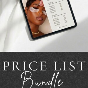 Black tablet on a warm neutral surface displaying the beige lash price list template with editorial close-up photo of a Black woman with lash extensions under soft natural light; editable lash beauty service menu flyer for extension volume classic hybrid appointment sheet Canva digital download.