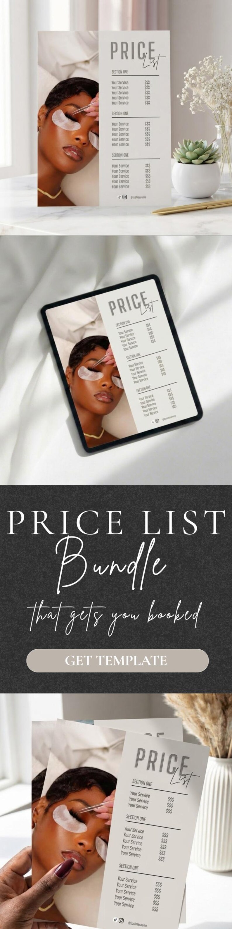 Black tablet on a warm neutral surface displaying the beige lash price list template with editorial close-up photo of a Black woman with lash extensions under soft natural light; editable lash beauty service menu flyer for extension volume classic hybrid appointment sheet Canva digital download.