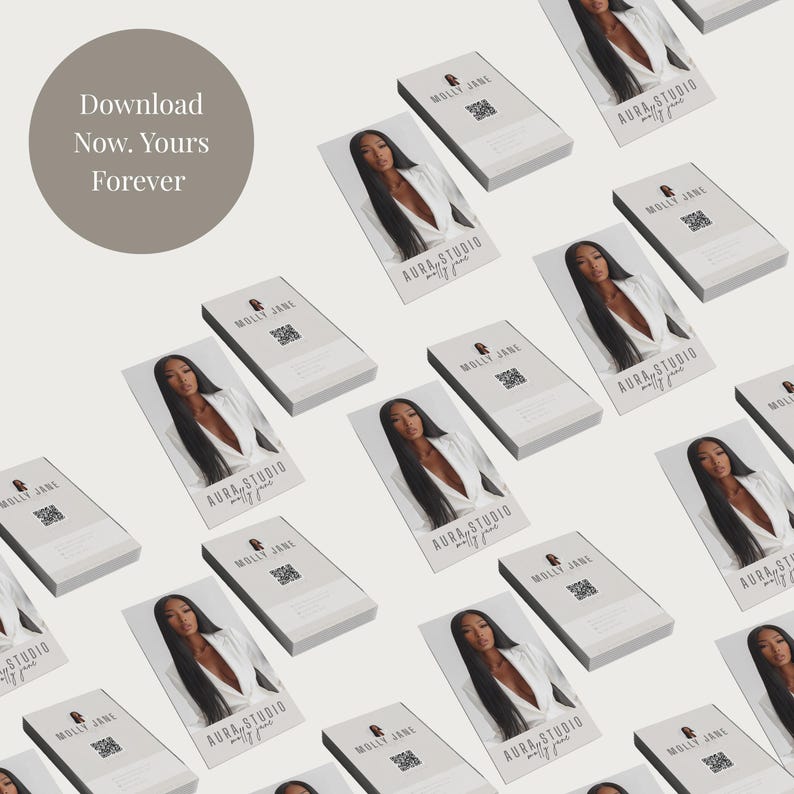 May include: A collection of business cards featuring a woman in a white blazer. The cards display the text "Aura Studio Molly Jane" and "Molly Jane". A circular graphic with the text "Download Now. Yours Forever" is in the upper left.