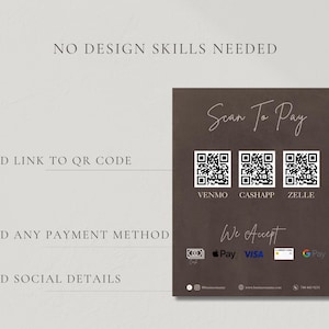 A dark brown educational slide showing three key features including a link to QR code, any payment method, and social details with a scan to pay QR code panel visible alongside a woman with long dark hair representing how easily a hair salon owner, nail tech, lash tech, and esthetician can set up their luxury price list and scan to pay template without any design experience