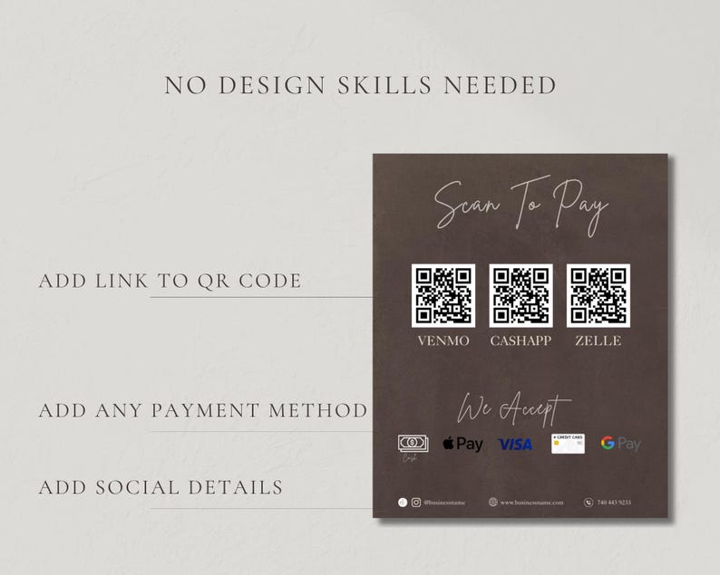 A dark brown educational slide showing three key features including a link to QR code, any payment method, and social details with a scan to pay QR code panel visible alongside a woman with long dark hair representing how easily a hair salon owner, nail tech, lash tech, and esthetician can set up their luxury price list and scan to pay template without any design experience