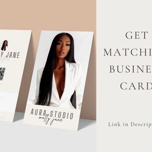Warm beige promotional slide showing a matching RORA Studio business card beside the lash price list template with Get Matching Business Card overlay text; coordinated professional branding for lash tech extension volume classic hybrid appointment sheet small beauty business.