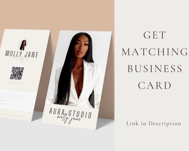 Warm beige promotional slide showing a matching RORA Studio business card beside the lash price list template with Get Matching Business Card overlay text; coordinated professional branding for lash tech extension volume classic hybrid appointment sheet small beauty business.