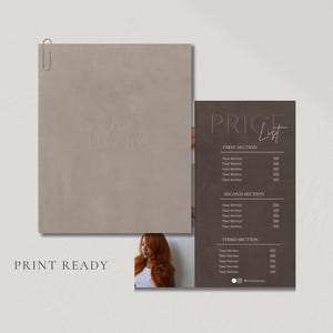 A clean neutral flat lay showing the dark brown luxury price list template and thank you card laid flat on a soft grey surface representing the print ready format included in the bundle giving hair salon owner, nail tech, lash tech, and esthetician a professionally sized and formatted price list that prints perfectly at home or at any print shop with zero adjustments needed