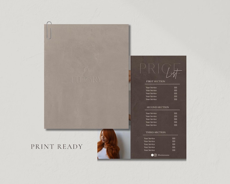 A clean neutral flat lay showing the dark brown luxury price list template and thank you card laid flat on a soft grey surface representing the print ready format included in the bundle giving hair salon owner, nail tech, lash tech, and esthetician a professionally sized and formatted price list that prints perfectly at home or at any print shop with zero adjustments needed