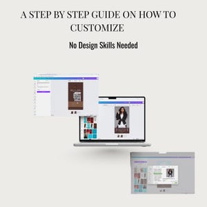 May include: A step-by-step guide on how to customize, with the text "No Design Skills Needed." The image shows multiple computer screens displaying design software interfaces and a laptop with a design template.