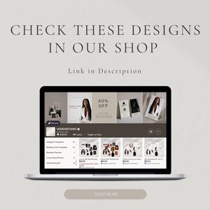 Laptop screen showing the vozeastudio Etsy shop featuring similar beige lash price list templates and editable lash beauty service menu flyer designs for extension volume classic hybrid appointment sheet digital download.