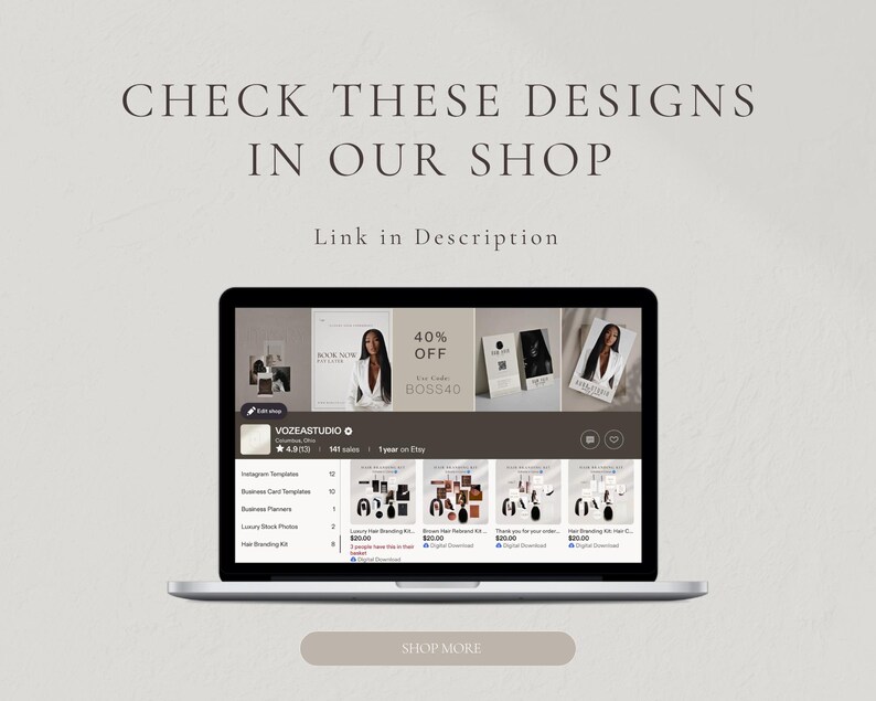Laptop screen showing the vozeastudio Etsy shop featuring similar beige lash price list templates and editable lash beauty service menu flyer designs for extension volume classic hybrid appointment sheet digital download.