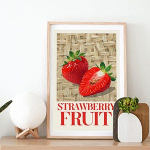 Sztuka ścienna z owocami truskawkowymi – odważny czerwony wydruk cyfrowy z jagodami, plakat kuchenny, wystrój wiejskich owoców, ilustracja letniego targu