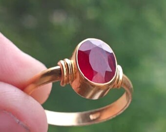 Handmade Red Ruby Sterling Silver Ring - Gold Plated Wire Wrapped Jewelry