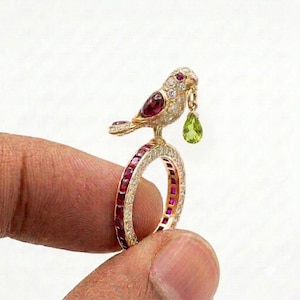 Bird Ring Ruby Emerald 925 Silver | Parrot Statement Ring | Ruby Eternity Band | Gemstone Cocktail Ring | Unique Animal Ring Gift For Her