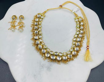 Handcrafted Kundan Necklace Set with Jhumka Earrings - Indian Bridal Jewellery - Gold Plated Pearl Choker Set for Weddings - Ethnic Jewelry
