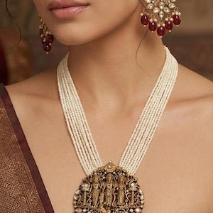 Ram Darbar Tempel Schmuck-Set, Antik Gold Widder Parivar Lang Anhänger, Multi Layer Perle Rani Set, indische Braut Hochzeit Schmuck Set
