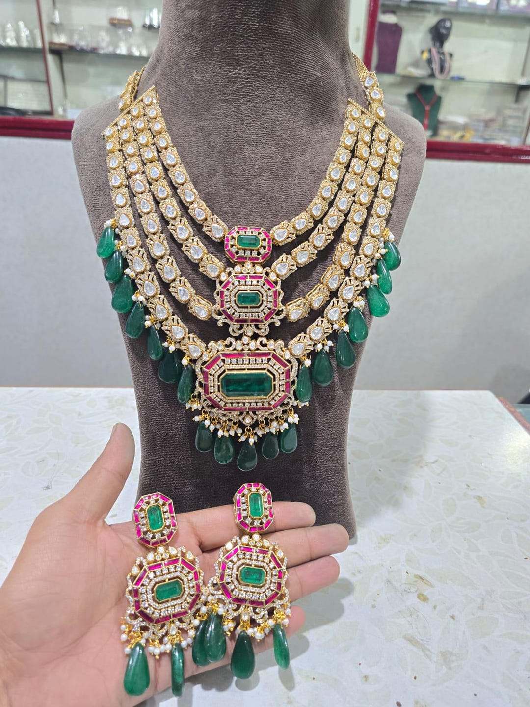 Grand Emerald Ruby Rani Haar Necklace Set, Indian Bridal Wedding ...
