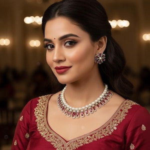 Könnte beinhalten: Eine Frau trägt eine rote Bluse mit goldener Stickerei, eine Perlenkette mit roten Akzenten und passende Ohrringe. Der Schmuck ergänzt die Bluse und schafft einen stimmigen und eleganten Look. Der Hintergrund ist weich verschwommen, wodurch der Schmuck und die Bluse hervorgehoben werden.