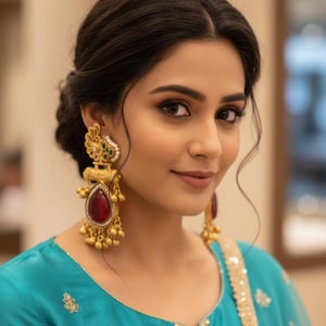 Może przedstawiać: Kobieta nosi złote kolczyki z czerwoną łezką i małymi złotymi koralikami. Kolczyki są bogato zdobione. Ma na sobie turkusowy top ze złotym haftem. Jej ciemne włosy są upięte, a ona patrzy w kamerę.