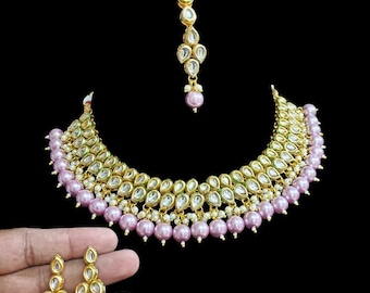Elegant Pink Pearl Choker with Kundan Droplets | Indian Ethnic Party Wear Necklace | Maang Tikka and Jhumka Set | Festive Special Jewelry