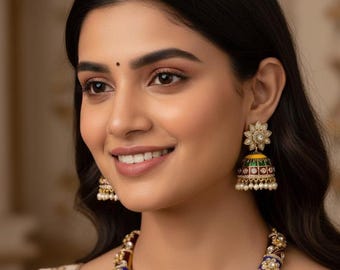 Handmade Meenakari Kundan Necklace Set with Jhumka - Traditional Indian Bridal Jewelry - Multi-color Floral Hasli Choker - Ethnic Wedding