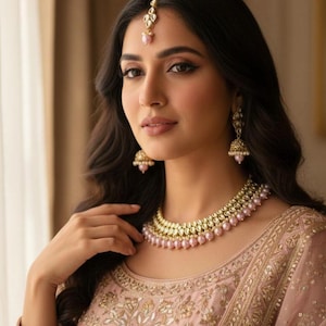 May include: A woman wearing a pink and gold embroidered outfit, adorned with a matching necklace, earrings, and headpiece. The jewelry features pink pearls and gold accents. The outfit has intricate gold embroidery.
