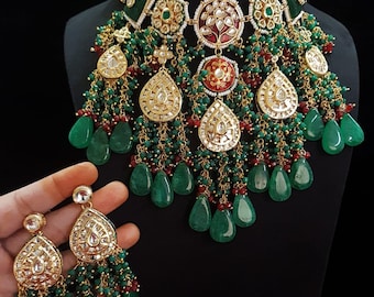 Indiase bruidssieradenset - zware Kundan-ketting met Jhumka-oorbellen - statement bruiloftssieraden - Meenakari choker set - cadeau voor bruid