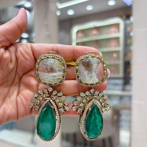 Sabyasachi Inspired Emerald Green Dangle Earrings, Clear Quartz Cushion Stud with Pear Drop, Royal Indian Bridal Luxury Statement Jewelry