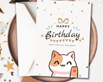 Kawaii Katze Geburtstagskarte | Anime Katze Design, Digital Download, Kawaii alles Gute zum Geburtstagskarte für Kinder oder Freunde, Grußkarte, DIY 5x7 Karte.