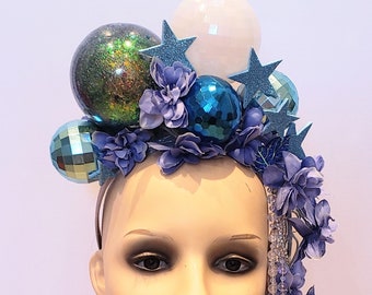 Disco ball star crown headdress. Blue floral festival headpiece. Tarot star flower crown