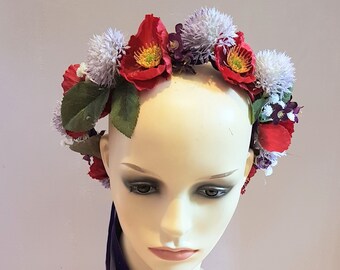 boho flower headpiece, flower crown,  boho flower crown, floral headdress, poppy headpiece, festival headdress, festival flower crown