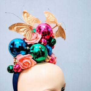 Rainbow glitterball headdress, festival headband, disco headdress image 1