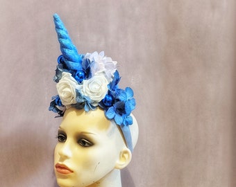 Blue Unicorn Headdress, Sparkly Unicorn horn, Unicorn Flower crown, Festival headdress, Festival headdress