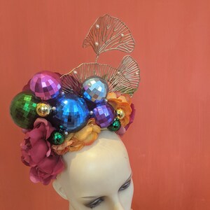 Rainbow glitterball headdress, festival headband, disco headdress image 9